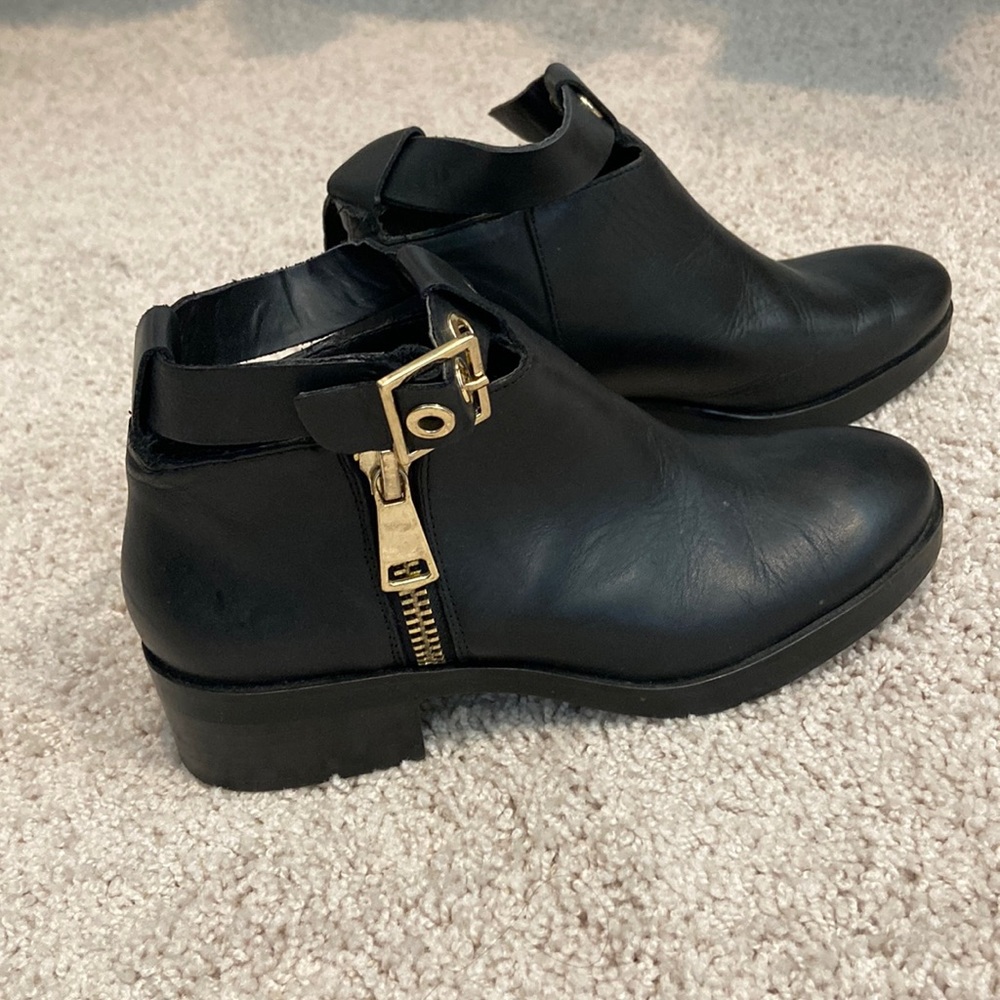 Gold buckle ankle booties